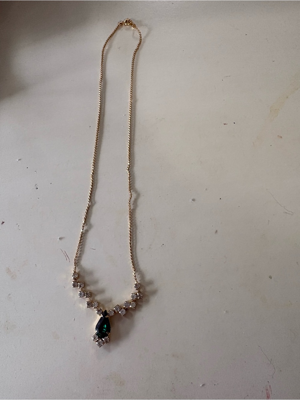 Gold-Tone Necklace with Emerald Green Teardrop Pendant